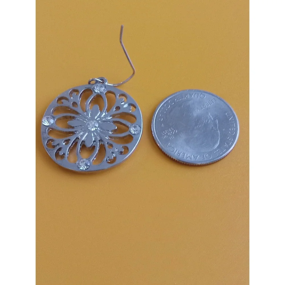Silver Tone Filigree Mandala Drop Earrings Clear Crystal Accents Round Dangle